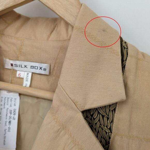 NWT Vintage 1990s Silk Box Longline Jacket Cream Patchwork Trench Gold Size 6 - Picture 7 of 15
